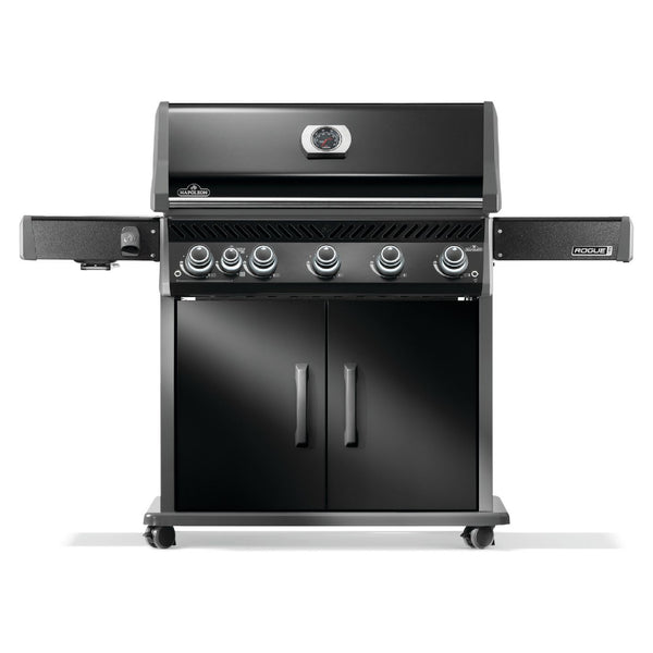 Napoleon Rogue PRO 625 black gas grill with infrared side burner available in propane or natural gas at DDR BBQ Supply