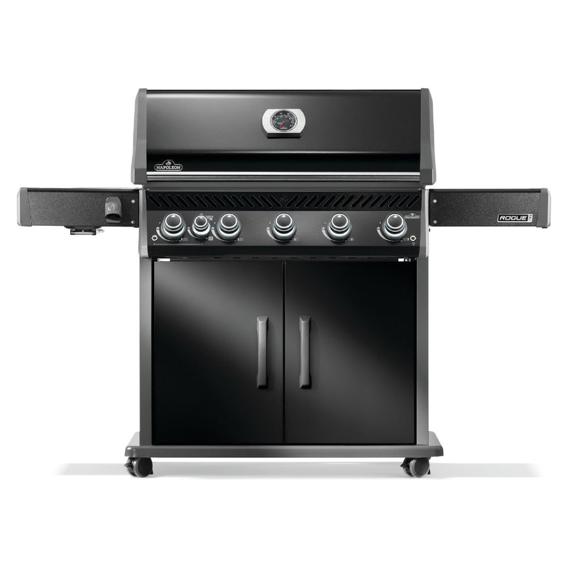 Napoleon Rogue PRO 625 black gas grill with infrared side burner available in propane or natural gas at DDR BBQ Supply