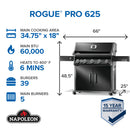 Napoleon Rogue PRO 625 black gas grill with infrared side burner available in propane or natural gas at DDR BBQ Supply