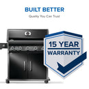 Napoleon Rogue PRO 625 black gas grill with infrared side burner available in propane or natural gas at DDR BBQ Supply