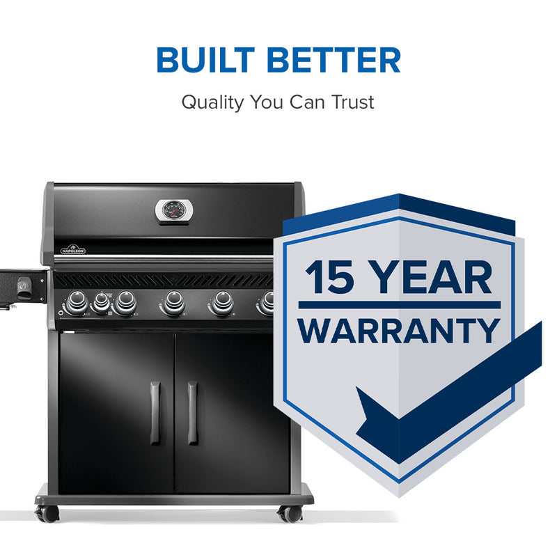 Napoleon Rogue PRO 625 black gas grill with infrared side burner available in propane or natural gas at DDR BBQ Supply