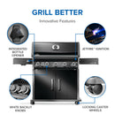 Napoleon Rogue PRO 625 black gas grill with infrared side burner available in propane or natural gas at DDR BBQ Supply