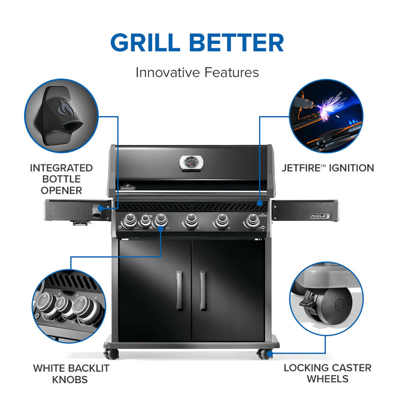Napoleon Rogue PRO 625 black gas grill with infrared side burner available in propane or natural gas at DDR BBQ Supply