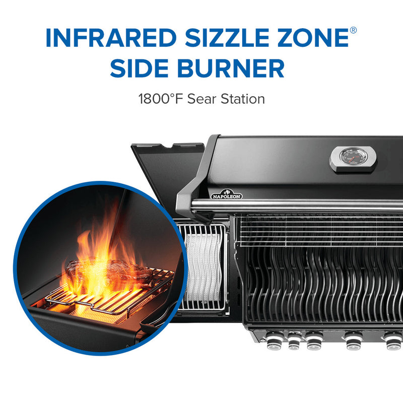 Napoleon Rogue PRO 625 black gas grill with infrared side burner available in propane or natural gas at DDR BBQ Supply