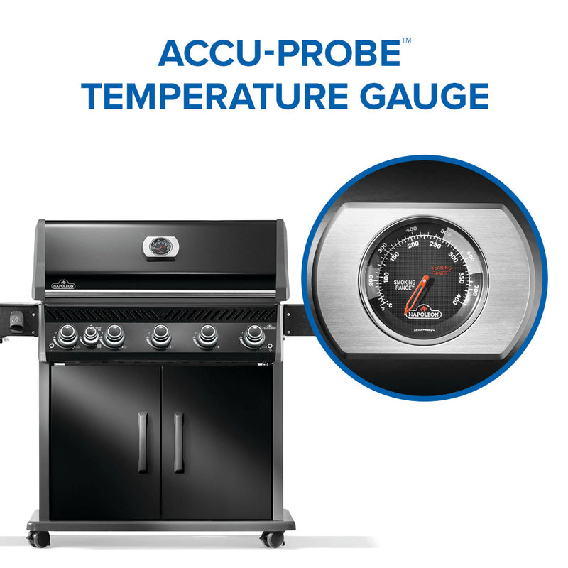 Napoleon Rogue PRO 625 black gas grill with infrared side burner available in propane or natural gas at DDR BBQ Supply