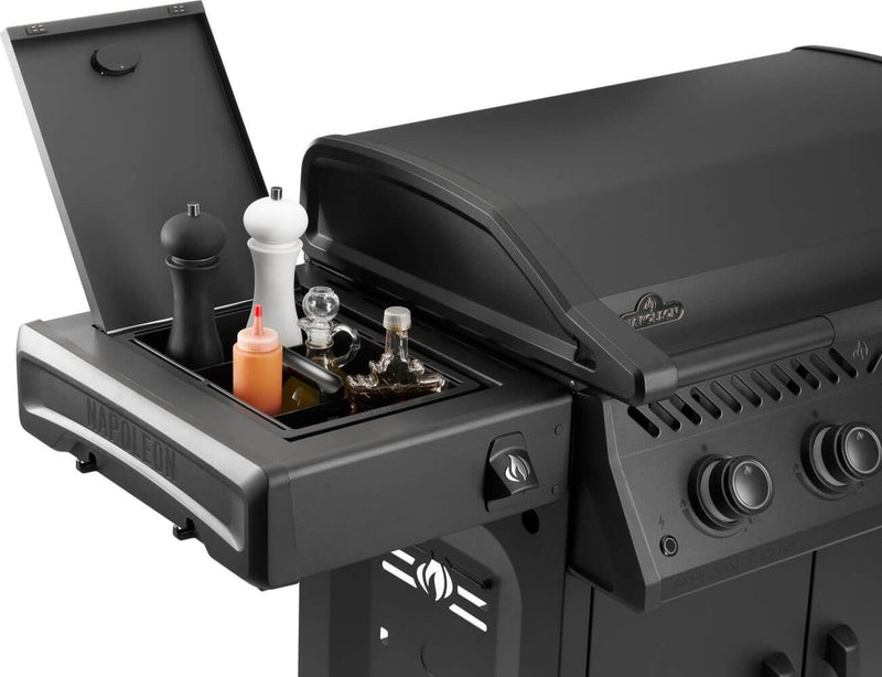 Napoleon Rogue PRO Phantom 30 Inch Griddle outdoor gas griddle with stainless steel cooktop  and condiment storage at DDR BBQ Supply. 