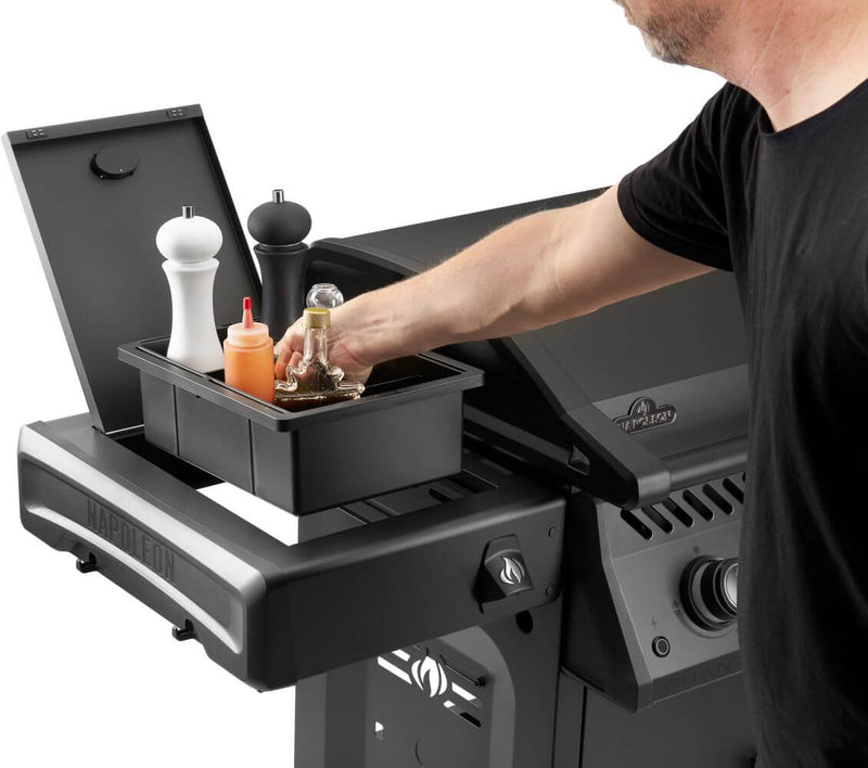 Napoleon Rogue PRO Phantom 30 Inch Griddle outdoor gas griddle with stainless steel cooktop  and condiment storage at DDR BBQ Supply. 