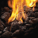 Napoleon Uptown Rectangle Fire Pit Table at DDR BBQ Supply flaming embers on dark stones