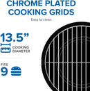 Chrome plated cooking grid with measurement details on a white background Napoleon Legend 14-Inch Portable Charcoal Kettle Grill at DDR BBQ Supply