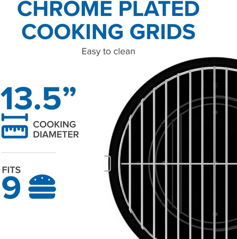 Chrome plated cooking grid with measurement details on a white background Napoleon Legend 14-Inch Portable Charcoal Kettle Grill at DDR BBQ Supply