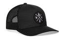 The Haka Hat New Hampshire Trucker Hat | Black NH X Snapback features black and white mesh panels, a front patch with a tree, crossed lines, N and H letters, and a mountain symbol.