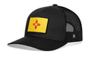 The Haka Hat New Mexico Flag Trucker Hat is a black snapback with mesh panels and a front patch of the NM state flag featuring the red Zia sun—your ideal Black NM Snapback by Haka Hat.