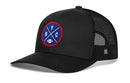 The Haka Hat New York Trucker Hat is a black NYC X Football snapback featuring a curved brim, breathable mesh back, and a blue/red round embroidered NYC patch with football graphic—perfect for fans of New York trucker hats.