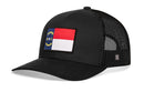 The Haka Hat North Carolina Flag Trucker Hat is a black snapback with a curved brim, breathable mesh back and sides, and an NC flag patch on the structured front.