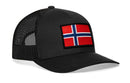 The Haka Hat Norwegian Flag Trucker Hat in black is a mesh snapback featuring a rectangular embroidered Norway flag patch on the front.