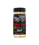 A spice jar labeled Pawpa Flavor LLC Bearly Legal OMGarlic Salt, featuring a cartoon bear and a black cap. This all-natural seasoning brings a savory garlic flavor, with 10.5 oz (298g) of delicious garlic salt inside the jar.