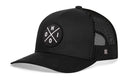 The Haka Hat Ohio Trucker Hat | Black OHIO X Snapback features a black mesh-back design, a round front patch with "OHIO" in a cross pattern, and classic snapback style for comfort and fit. Brand: Haka Hat.