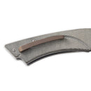 Close-up of the Messermeister Ojai Folder - 3.75" handle, featuring a gray textured surface and metal pocket clip with two screws. Its N690 super steel blade is partially visible—perfect for everyday carry.