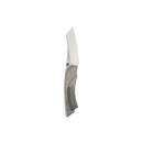 The Messermeister Ojai Folder - 3.75" is a silver pocket knife with a textured handle and a partially open, straight-edged N690 super steel blade, shown on a white background—perfect for everyday carry.