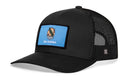 The Haka Hat Oklahoma Flag Trucker Hat features a black snapback design, blue patch with the Oklahoma flag and OKLAHOMA text on the front, black mesh back, and a small H logo on the side.