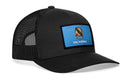The Haka Hat Oklahoma Flag Trucker Hat is a black snapback featuring the state flag patch and "OKLAHOMA," combining classic trucker style and comfort from Haka Hat.