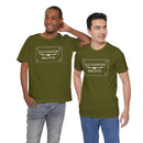Two men wearing olive green Printify Old Country BBQ Pits Vintage Logo T-Shirts stand side by side, smiling. One has his hand in his pocket, the other rests an arm on his friend’s shoulder. Both pair the shirts with casual jeans.