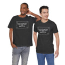 Two men stand side by side, both wearing Printify’s Old Country BBQ Pits Vintage Logo T-Shirts. One has long hair tied back; the other has short dark hair. They smile and look off-camera.