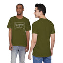 Two men model the Old Country BBQ Pits Vintage Logo T-Shirt by Printify in olive green: one shows the white logo on front, the other reveals the plain back. Both wear jeans against a white background—ideal for any barbecue fan.