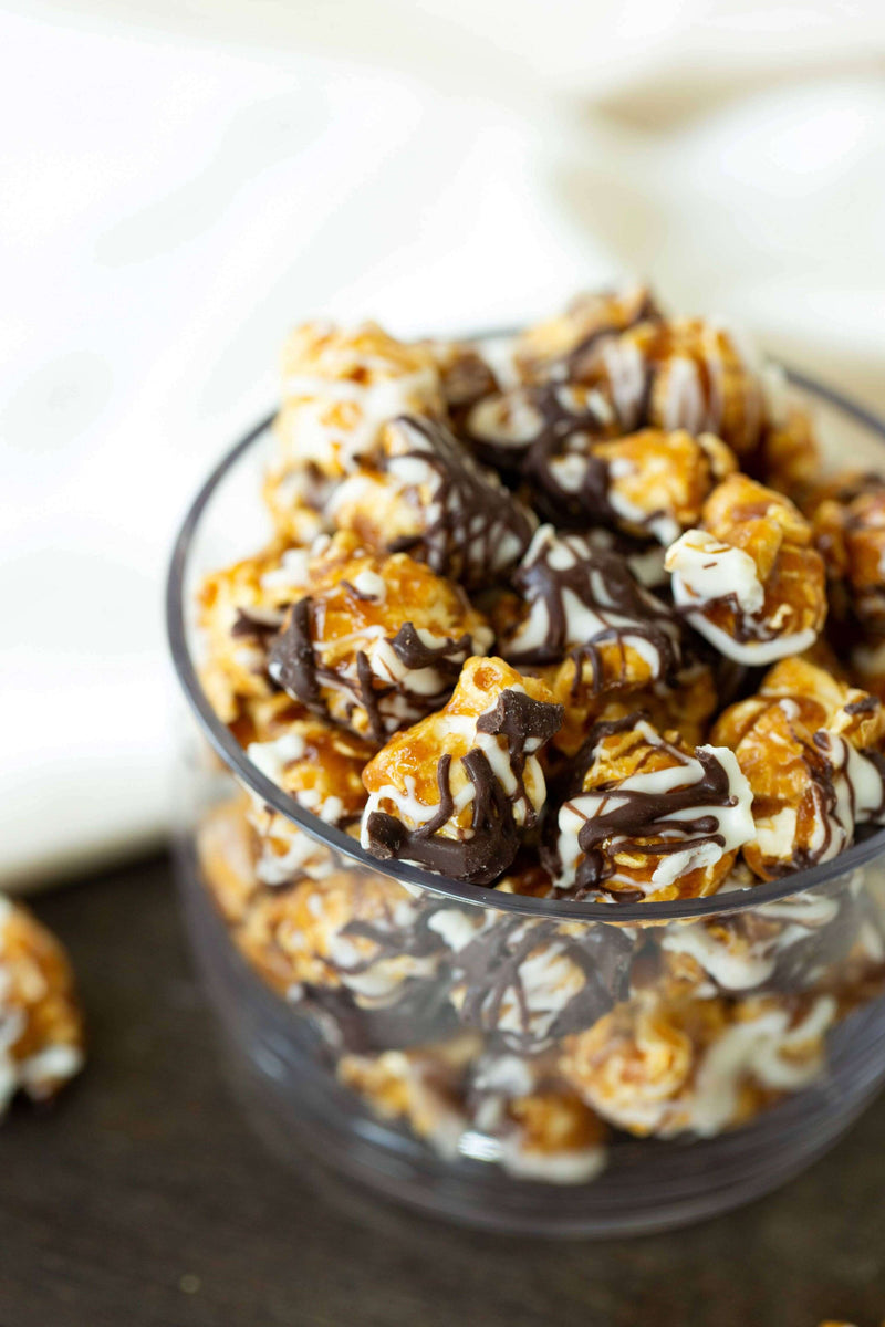 Old School Brand Chocolate Drizzle Caramel Popcorn caramel corn with chocolate drizzle at DDR BBQ Supply