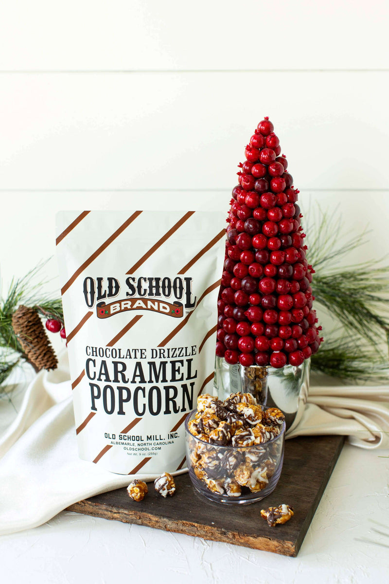 Old School Brand Chocolate Drizzle Caramel Popcorn caramel corn with chocolate drizzle at DDR BBQ Supply