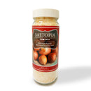 A clear jar of SALTOPIA Infused Sea Salts Onion Salt: BEN THERE, D'ONION THAT features a beige lid, red label with onions and text, and holds coarse onion-infused sea salt ideal for all-purpose seasoning.