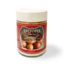 A 4-oz jar of SALTOPIA Infused Sea Salts’ Onion Salt: BEN THERE, D'ONION THAT, with a red onion-themed label and white lid—an all-purpose seasoning perfect for adding onion flavor to any dish.