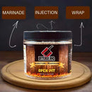 Butcher BBQ Open Pit marinade jar on a wooden board with text labels 'Marinade', 'Injection', and 'Wrap'.