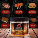 Butcher BBQ Open Pit injection marinade jar with illustrated meat types on a dark background