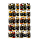 A neatly organized rack featuring 24 clear square spice jars—each labeled with green and black stickers and filled with vibrant spices, herbs, and seasonings—makes an ideal starter set for your organic pantry or a perfect complement to The Spice Lab Organic Spice Complete Collection - 30 Jars.