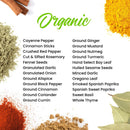A vibrant array of colorful spices and herbs, both powders and leaves, surrounds a list of organic spices and seasonings on a white background topped with green “Organic” text. The Spice Lab Ultimate Organic Spice Set by The Spice Lab features 24 jars of USDA Certified Organic spices—an ideal assortment for elevating any dish.