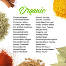 A visually appealing display of The Spice Lab Organic Spice Complete Collection—featuring 30 jars of USDA certified organic herbs and spices—is arranged on a white background, surrounded by vibrant spice powders and fresh green leaves. “Organic” is elegantly scripted in green at the top center to highlight this premium offering from The Spice Lab.