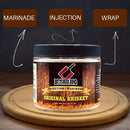 Butcher BBQ Original Beef marinade jar on a wooden board with text labels 'Marinade', 'Injection', and 'Wrap'.