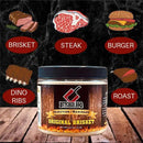 Butcher BBQ Original Beef injection marinade jar with illustrated meat types on a dark background