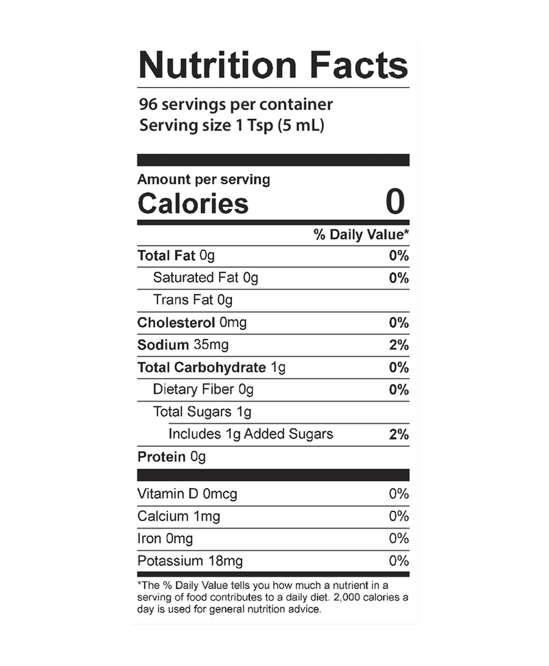 Nutrition facts label with serving size, calories, and nutritional content on a white background