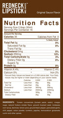 Nutrition label for Redneck Lipstick Original Smoky Sweet & Spicy BBQ Sauce - 3 Pack by Redneck Lipstick, highlighting its signature smoky, sweet, and spicy flavor with 35 calories per 2-tablespoon serving; ingredients and nutrition facts are displayed on a brown and white background.
