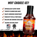 A bottle of Blazing Star BBQ Original Sauce from Blazing Star BBQ is displayed next to a list highlighting its balanced fusion of flavors, expertly blended BBQ sauce, health-conscious ingredients, versatility, grilling excellence, and proud BBQ legacy. A veteran-owned badge and flames accent the bottom of the image.