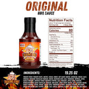 A 19.25 oz bottle of Blazing Star BBQ Original Sauce by Blazing Star BBQ, featuring a cartoon pig on the label that emphasizes its multicultural flavor, with nutrition facts and ingredients displayed to the right.
