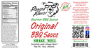 Label for Pawpa Flavor LLC’s Pawpa Flavor Original BBQ Sauce featuring a bear logo, nutrition facts, product description, QR codes, and social media icons. This label showcases our savory-sweet barbecue sauce with a mild peppery kick, highlights the 15oz size, and includes details about the ingredients and the Pawpa Flavor LLC brand story.