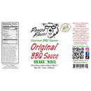 Label for Pawpa Flavor LLC’s Pawpa Flavor Original BBQ Sauce featuring a bear logo, nutrition facts, product description, QR codes, and social media icons. This label showcases our savory-sweet barbecue sauce with a mild peppery kick, highlights the 15oz size, and includes details about the ingredients and the Pawpa Flavor LLC brand story.