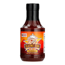 A bottle of Blazing Star BBQ Original Sauce by Blazing Star BBQ, featuring a cartoon pig on the label and vibrant flames at the bottom, set against a white background to highlight its multicultural flavors for a well-balanced BBQ experience.