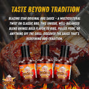 Three bottles of Blazing Star BBQ Original Sauce from Blazing Star BBQ are displayed in front of a close-up shot of barbecue ribs being brushed with sauce, accompanied by bold text celebrating a multicultural twist on classic BBQ and showcasing the balanced flavor packed into every bottle.