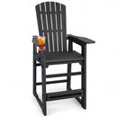 The DirectDeals Outdoor Bar Stool 29″ Height with Backrest and Armrests features a built-in cup holder on the left armrest, wide armrests, footrest, and durable HDPE construction for patio bar seating.