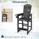 DirectDeals Outdoor Bar Stool 29″ Height with Backrest and Armrests shown poolside; white arrows indicate 29″ seat height. Max load: 440 lbs. Side diagram depicts user at table. All dimensions in inches.