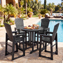 Five black patio chairs and DirectDeals Outdoor Bar Stool 29″ Height with Backrest and Armrests surround a round table with snacks and drinks on a stone patio by the pool, framed by palm trees and lush plants.